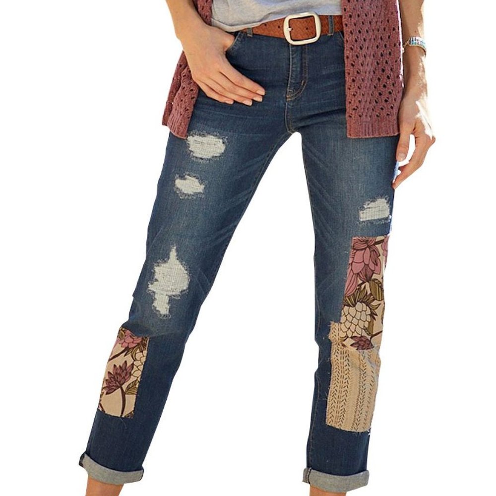 Women’s Blue Distressed Patchwork Jeans